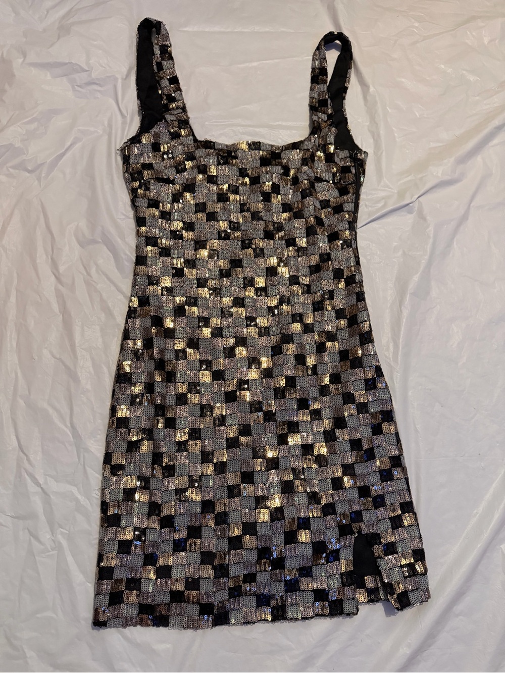 Klesis Sequin Check Mini Dress Square Neck Strappy Lined Black/Gold/Silver S